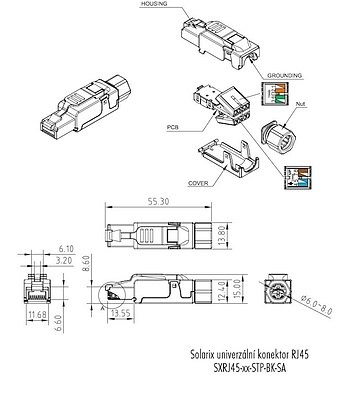 Produkt Konektor MPTL univerzální RJ45 CAT6 STP samořezný SXRJ45-6-STP-BK-SA - Solarix - Konektory