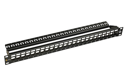 Produkt 10G modulární neosazený patch panel Solarix 24 portů STP černý 1U SX24M-0-STP-BK - Solarix - Patch panely
