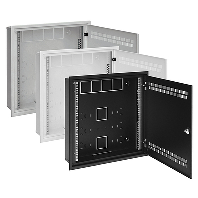 Produkt Rozvaděč SOHO LC-18 do zdi s lištami 2U, 4U a 11U, 550x550 bílá RAL9003 s rámečkem k zazdění - Solarix - Nástěnné 19"